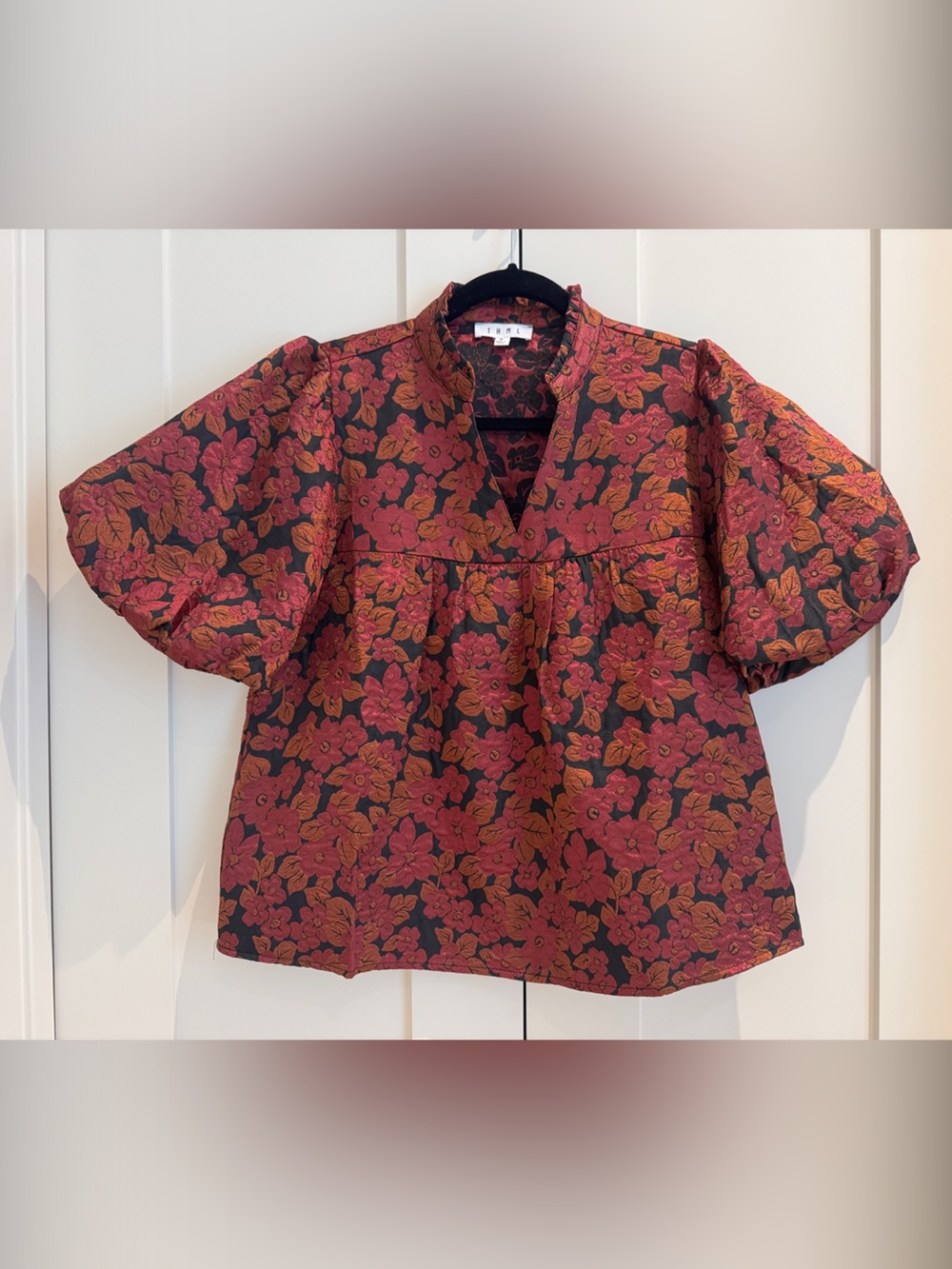 THML Floral Puff-Sleeve Blouse - Cranberry and Burnt Orange